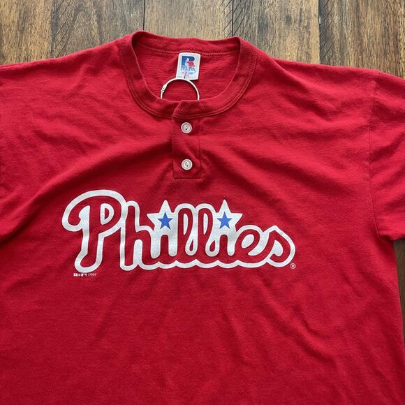 Vintage Philadelphia Phillies Shirt Mens Medium MLB Baseball Script Henley 90s - Picture 3 of 8